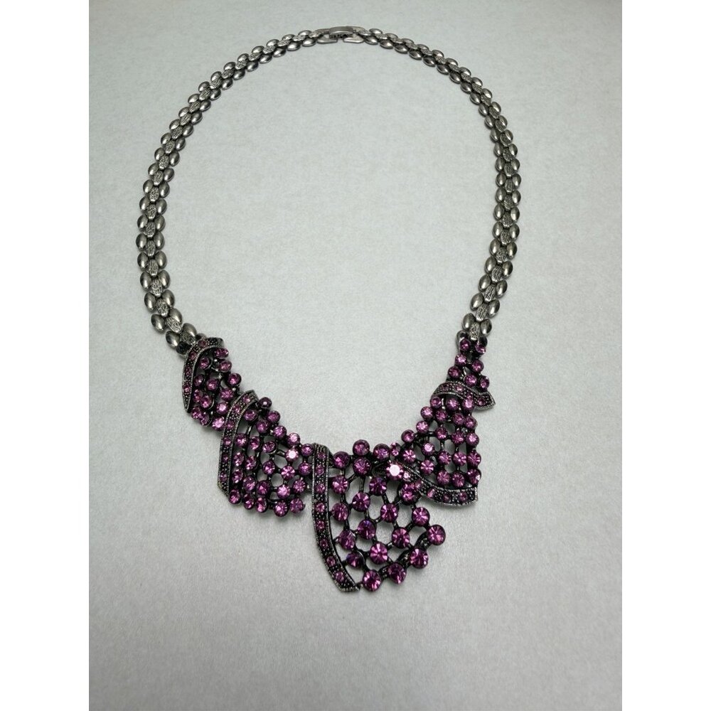 Statement Silver Tone Purple Rhinestone Bib Necklace Dramatic Vintage Style
